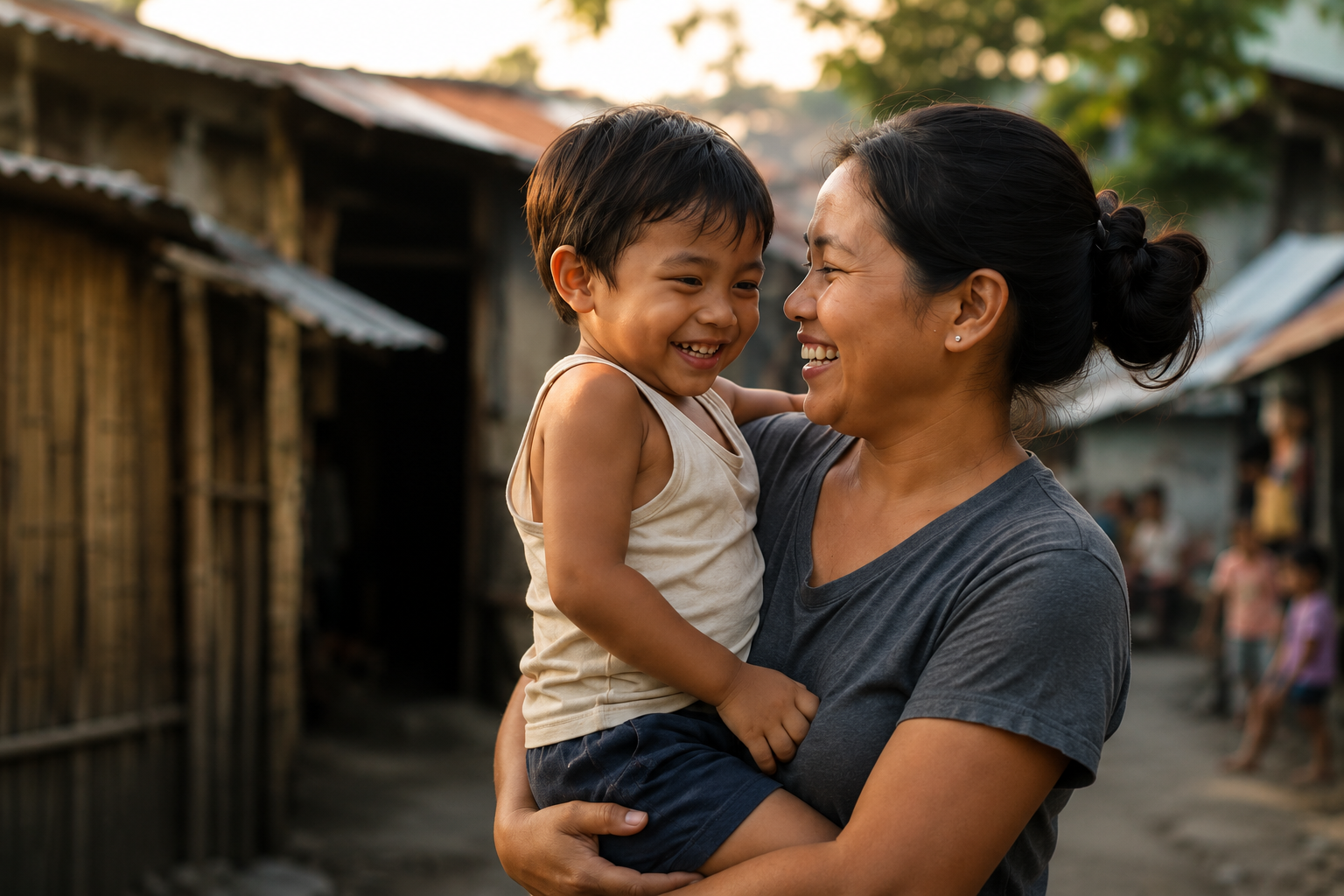 A Filipino mother and child smiling at the doorway of their home